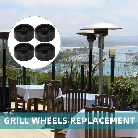 Universal Patio Heater Wheel Kit 4 Pack 97mm Black Casters For Outdoor Gas Heaters And Storage Racks shown by patio