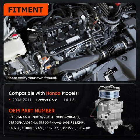AC Compressor With Clutch Fits 2006 2011 Honda Civic 1.8L Replaces 38800RNAA01 view under the hood with engine components