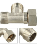 Built Tough Three Way Brass Diverter Valve With Easy Grip Handle And Leak Free Seals Nickel Plated Half Inch Threaded Tee Connector close-up view of threaded ends.