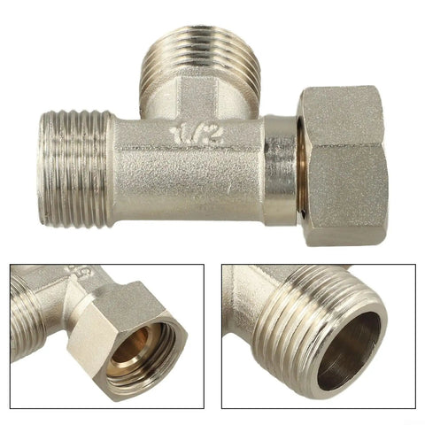 Built Tough Three Way Brass Diverter Valve With Easy Grip Handle And Leak Free Seals Nickel Plated Half Inch Threaded Tee Connector close-up view of threaded ends.