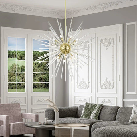 Straight Up 16 Light Satin Brass Foyer Pendant Chandelier With Real Clear Crystal Rods Built Different For Grand Entries And Modern Homes Damp Rated, in a stylish living room setting.