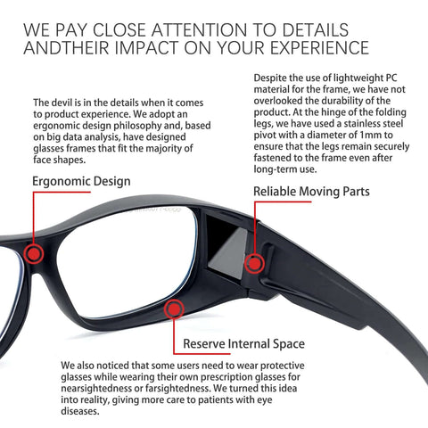 Front view of Carlany CO2 laser eye protection glasses, black frame with side shield and temple arms