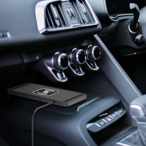 Sweet Qi Wireless Charging Pad For Chevrolet Bolt Ev Featuring Thick Non Slip Silicone Base, mounted on car dashboard.