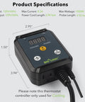 Digital Cooling Thermostat Controller with LED display and cords, showing product specifications and dimensions for cooling use