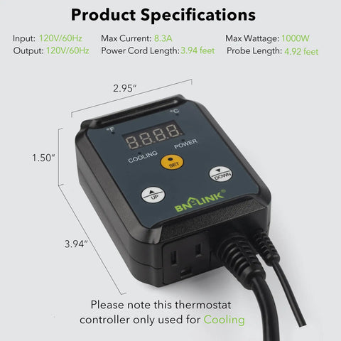Digital Cooling Thermostat Controller with LED display and cords, showing product specifications and dimensions for cooling use
