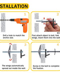 Installation steps for Heavy Duty Toggle Bolts For Drywall Hollow Wall Anchors Kit With Driver Bit, 30 Sets, Wing Nut Design.