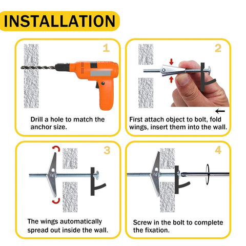 Installation steps for Heavy Duty Toggle Bolts For Drywall Hollow Wall Anchors Kit With Driver Bit, 30 Sets, Wing Nut Design.