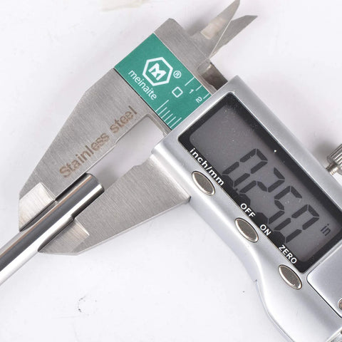 Close-up of SpeTool 1/4 in shank carbide end mill for aluminum, 3-flute, 3.5 in long, upcut CNC router bit in caliper