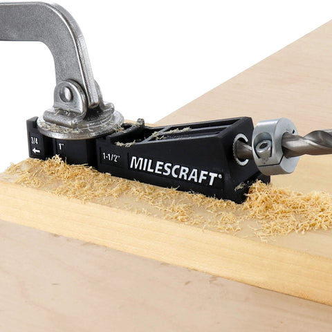 Premium Pocket Hole Jig Bundle With Double Barrel And Single Barrel Jigs, 2 Inch Face Clamp viewed close-up in use