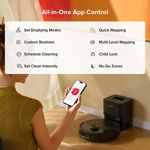 Person using app to control Smart Robot Vacuum and Mop With 10,000 Pa Suction, 70 Days Self Emptying, Sonic Mopping in black.