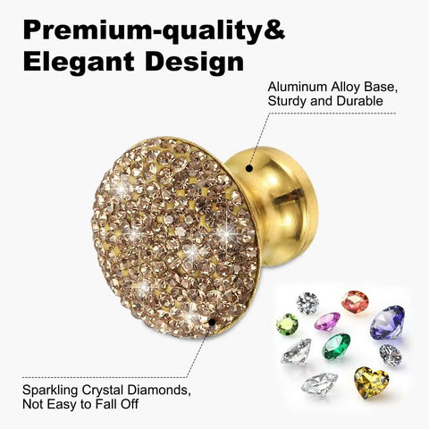 Game Changing 4 Pack Round Rhinestone Drawer Knobs With Bling Crystal Toppers And Shiny Gold Hardware close-up of a single knob with sparkling diamonds.