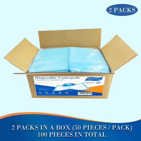 No Sweat 100 Pack Disposable Bed Pads For Pets Extra Large Waterproof Puppy Pee Pads in open box showing packs.