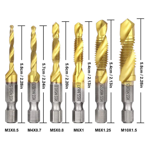 Pro Grade Titanium Plated Drill Tap Set 6 Pack With HSS Taps And Drill Bits, Hex Shank M3 M4 M5 M6 M8 M10 For Metal, Aluminum