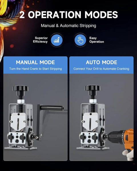 Manual Wire Stripper Machine For Scrap Wire 0.06 To 1 Inch, Drill Compatible Copper Wire Stripping Tool, dual operation modes shown.