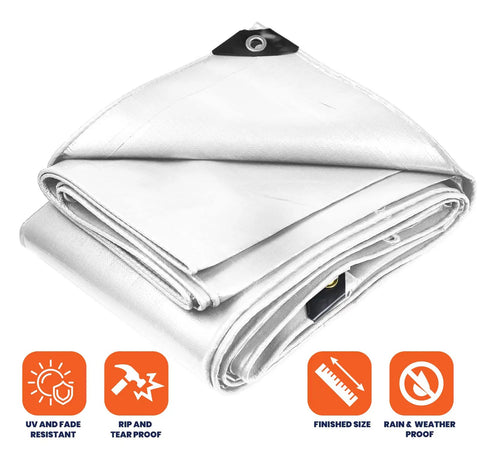 Folded Extra Heavy Duty 14 Mil Tarp Cover Waterproof UV Resistant Rip Proof Poly Tarpaulin With Reinforced Edges White 10x20 Ft