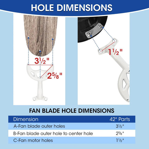 Diagram of 42 Inch White Finish Ceiling Fan Blade Arms Replacement Pack Of 5 For No Wobble Balance showing hole dimensions.