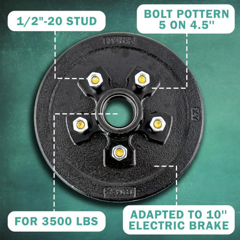 Built To Rock 10 X 2-1/4 Inch Trailer Brake Drum And Hub Assembly For 3500 Lbs Axle featuring 5 on 4.5 bolt pattern and 1/2-20 studs.