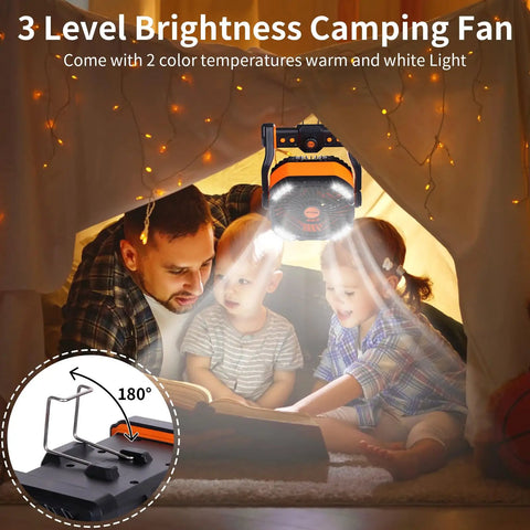 Powerful Battery Powered Camping Fan With 20000mAh Battery Rechargeable Outdoor Tent Fan With Light And Hook Go To USB Desk Fan for family camping