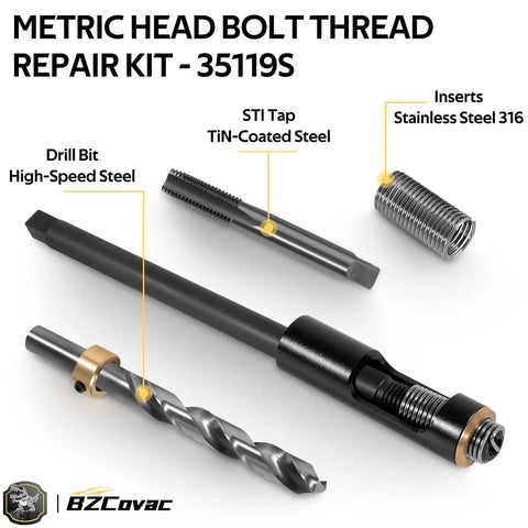 Shop Grade Cylinder Head Bolt Thread Repair Kit 11.5 Millimeter By 1.5 Pitch Inserts with drill bit, tap, and stainless steel inserts.