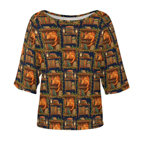 Soft And Comfy Womens Boat Neck Short Sleeve Tee With Lightweight Breathable Fabric And Stretchy 95 Polyester 5 Spandex Blend Dragon Bookshelf Graphic For Everyday Comfort And Easy Style