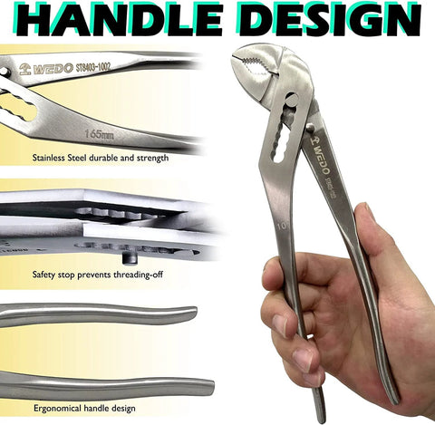WEDO stainless steel groove joint pliers, 12in adjustable water pump pliers with V-jaw, held in hand