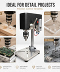 Mydymx Benchtop Mini Drill Press Multi Function Milling Tool Adjustable Precision Workshop Machine For Wood Metal And Plastic Diy Crafts Stable Platform showing drilling into wood, acrylic, PCB, and DIY models.