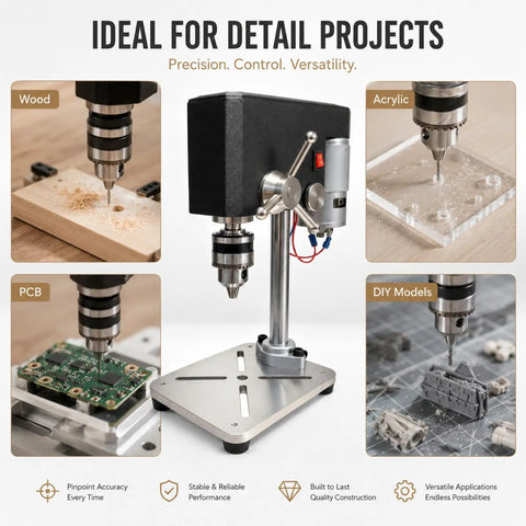 Mydymx Benchtop Mini Drill Press Multi Function Milling Tool Adjustable Precision Workshop Machine For Wood Metal And Plastic Diy Crafts Stable Platform showing drilling into wood, acrylic, PCB, and DIY models.