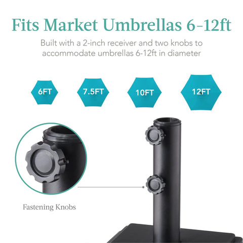 Close-up of Fillable Mobile Umbrella Base With Four Wheels And Locks Beefy Heavy Duty Square Stand showing fastening knobs.