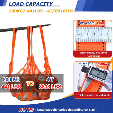 Heavy Duty Hoisting Lifting Net With Reinforced Safety Slings For Heavy Haulin Cargo Loads And Outdoor Climbing Support tough straps showing load capacity of 200kg to 4t.