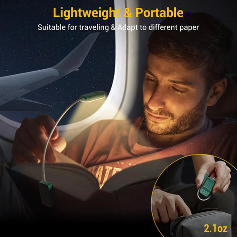 Two Pack Clip On Book Lights For Late Night Reading Rechargeable Eye Care LED Lamps with 360 Flexible Neck in airplane setting