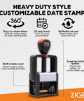 Heavy Duty Self Inking Date Stamp Featuring Sleek Black Ink And Comfortable Ergonomic Design With An Extra Large Month Day Year Layout that shows customizable features and built-in cover.