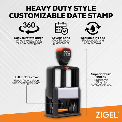 Heavy Duty Self Inking Date Stamp Featuring Sleek Black Ink And Comfortable Ergonomic Design With An Extra Large Month Day Year Layout that shows customizable features and built-in cover.
