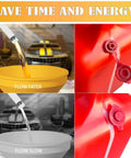 Comparison of red gas can spout replacement kit showing fast and slow flow rates for half five and ten gallon cans with vent caps