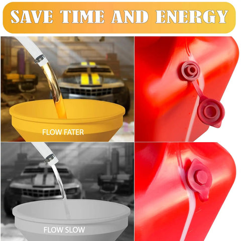 Comparison of red gas can spout replacement kit showing fast and slow flow rates for half five and ten gallon cans with vent caps