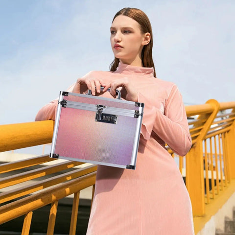 Woman holding a Colorful Aurora Combination Lock Box With Code For Personal Items Safe For Meds And Docs Portable Medicine Lockbox.