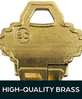Close-up of brass Lockout Key For Schlage Locks Exterior Door Lockout Tool For Quick Privacy And Outside Locking, Easy Install.