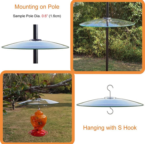 Large 13 Inch Glass Rain Cover For Outdoor Bird Feeder, Two Way Hanging Or Shepherd Pole Mount, Weatherproof Clear Dome Shield