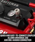 Close-up of Two Gallon Portable Air Compressor With One Third HP Max, 125 PSI Oil Free, with coupler and pressure gauge