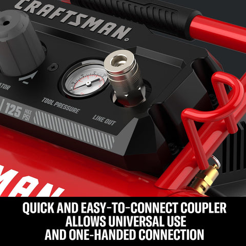 Close-up of Two Gallon Portable Air Compressor With One Third HP Max, 125 PSI Oil Free, with coupler and pressure gauge