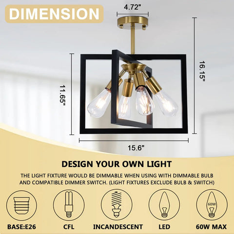 Farmhouse Industrial Ceiling Light Fixture Four Light Dope Vintage Modern Rectangle Black Gold Flush Mount With Rotatable Metal Square Frame shown with dimensions and bulb types.