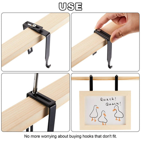 Four Pack Adjustable Cubicle Hangers for office partitions and whiteboards, universal metal hooks on wooden panel