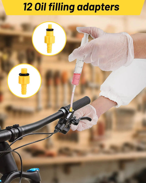 Using the Brake Bleed Kit For Shimano TeKTro TRP Hydraulic Disc Brakes With 120 ML Mineral Oil Fluid And Funnel on a bicycle handlebar.