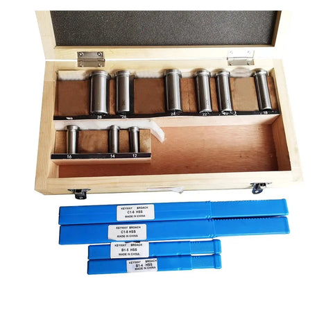 Keyway Broach Kit 18 Piece HSS Metric Set For CNC Machining With Precision Ground Teeth includes 12 to 28 collared bushings