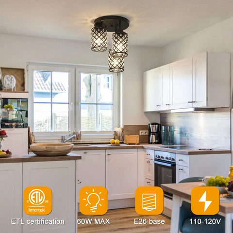 Black Crystal Chandelier Three Light Semi Flush Mount Ceiling Fixture With Metal Grid Shade in a modern kitchen setting.