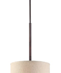 Three Light Pendant In Bronze Finish With Beige Drum Shade, A 35 Inch Tall And 14.5 Inch Wide Fixture, UL Listed For Dry Locations