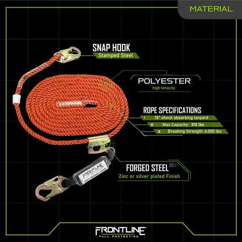 Vertical Lifeline With Openable Rope Grab 25 Feet And Shock Pack, orange polyester rope with snap hook, OSHA and ANSI compliant