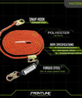 Pro Grade Vertical Lifeline With Openable Rope Grab, 100 Ft, Shock Pack, Snaphook To Back D Ring on black background display