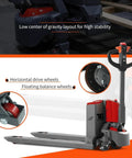 Tory Carrier Electric Pallet Truck 4400lb Capacity With 48 By 27 Inch Forks features horizontal drive wheels and low center of gravity.