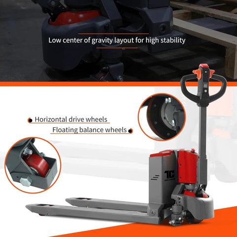 Tory Carrier Electric Pallet Truck 4400lb Capacity With 48 By 27 Inch Forks features horizontal drive wheels and low center of gravity.