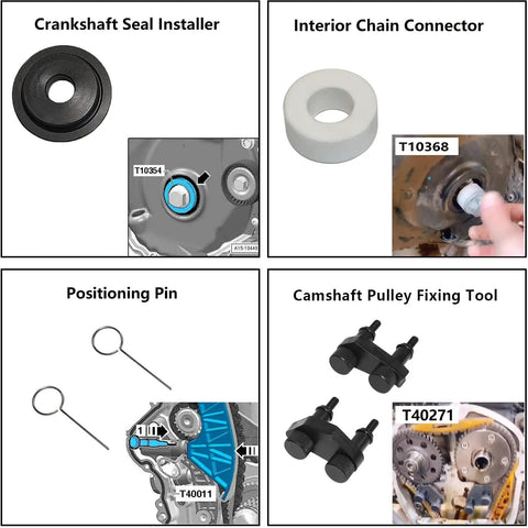 Engine Timing Tool Kit For VW Audi 2.0T 1.8 2.0 TSi TFSi EA888 Series featuring crankshaft installer, chain connector, pins, and pulley tool.